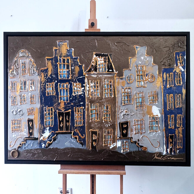 Schilderij- 100x150cm - Amsterdam Herengracht -Blue & Gold #279 - Bronze paint