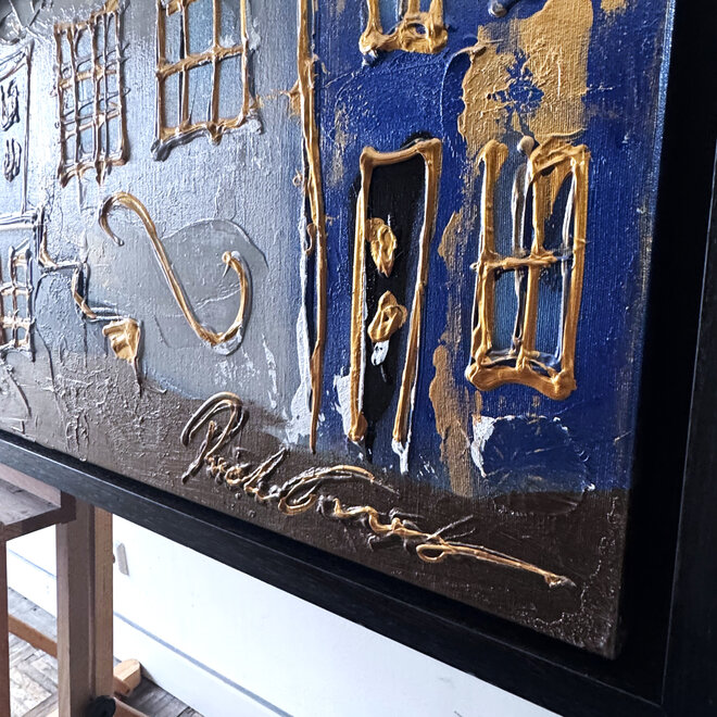 Painting- 100x150cm - Rick Triest - Amsterdam Herengracht -Blue & Gold #279 - Bronze paint