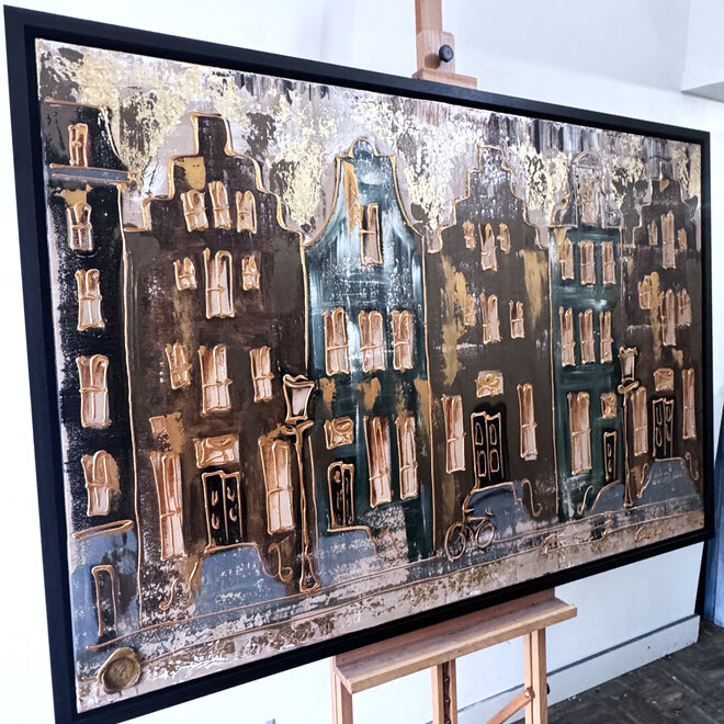 Painting- 100x150cm - Rick Triest - Amsterdam LUXURY style - grachten gevels in omber & Gold #30