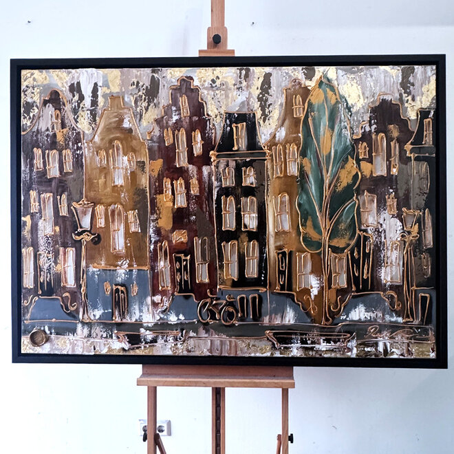 Painting- 100x150cm - Rick Triest - Amsterdam LUXURY style - grachten gevels in omber & Gold #29