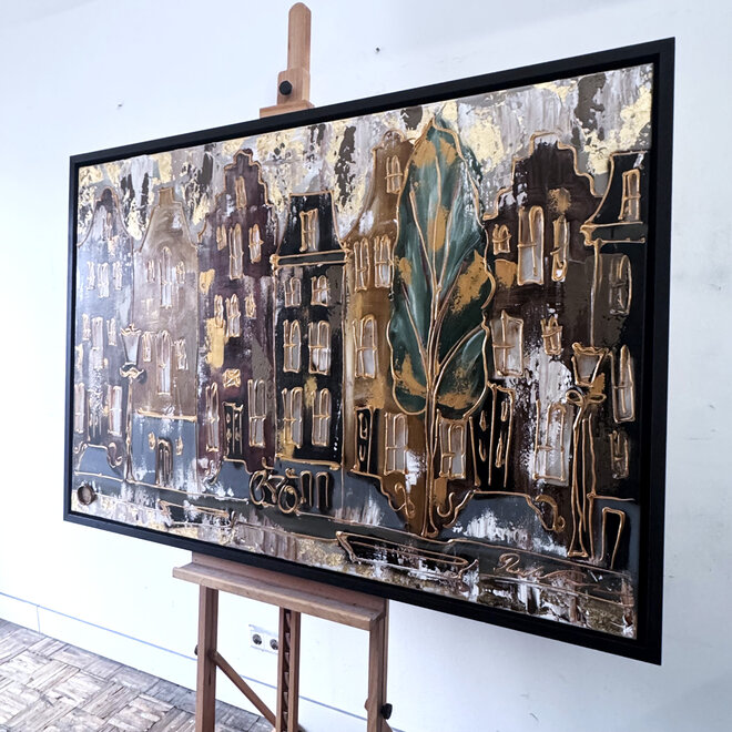 Painting- 100x150cm - Rick Triest - Amsterdam LUXURY style - grachten gevels in omber & Gold #29