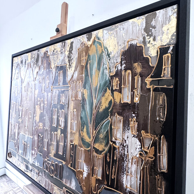 Schilderij- 100x150cm - Rick Triest - Amsterdam LUXURY style - grachten gevels in omber & Gold #29