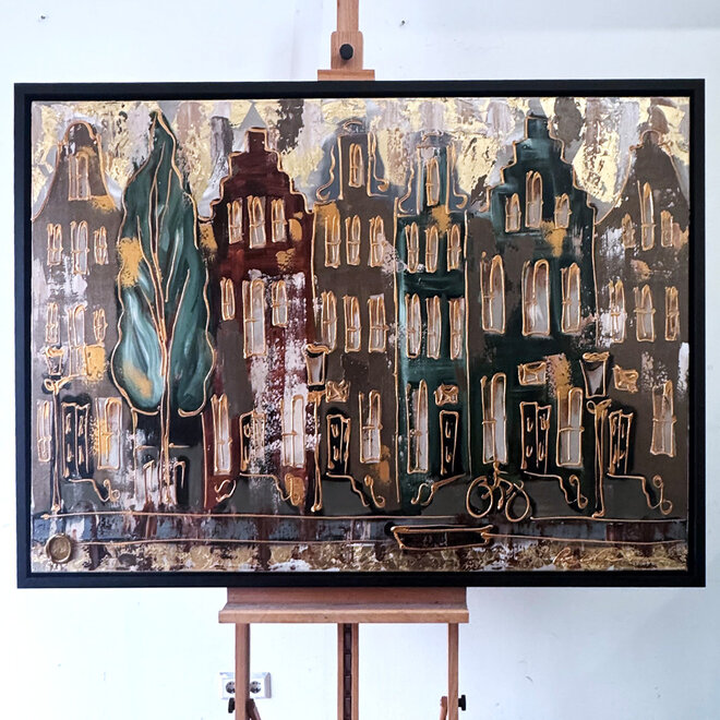 Schilderij- 100x150cm - Amsterdam LUXURY style - grachten gevels in omber & Gold #26