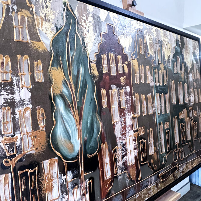 Schilderij- 100x150cm - Rick Triest - Amsterdam LUXURY style - grachten gevels in omber & Gold #26