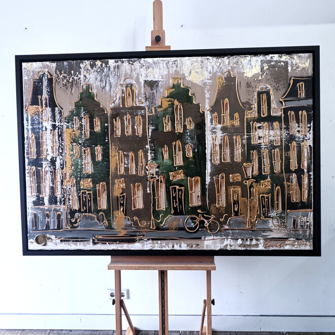 Schilderij- 100x150cm - Amsterdam LUXURY style - grachten gevels in omber & Gold #24