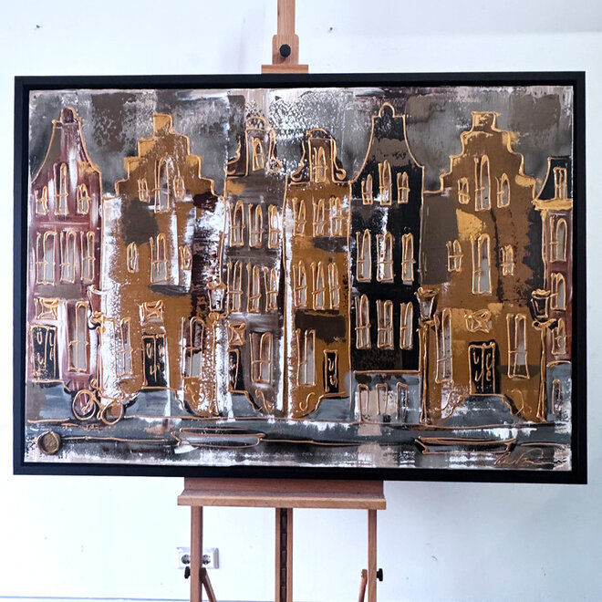 Painting- 100x150cm - Rick Triest - Amsterdam LUXURY style - grachten gevels in omber & Gold #23