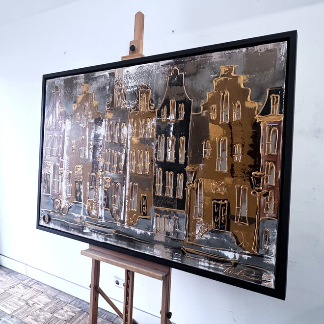 Schilderij- 100x150cm - Rick Triest - Amsterdam LUXURY style - grachten gevels in omber & Gold #23
