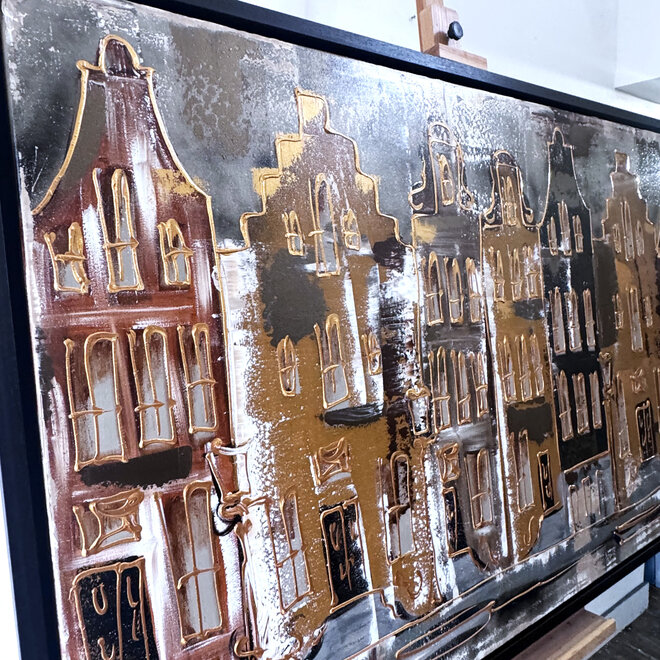 Schilderij- 100x150cm - Rick Triest - Amsterdam LUXURY style - grachten gevels in omber & Gold #23