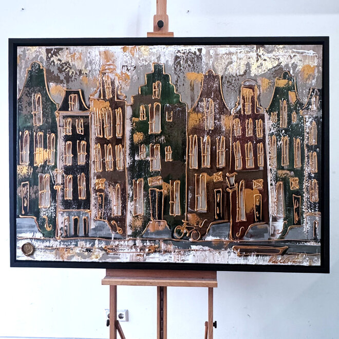 Schilderij- 100x150cm - Amsterdam LUXURY style - grachten gevels in omber & Gold #21