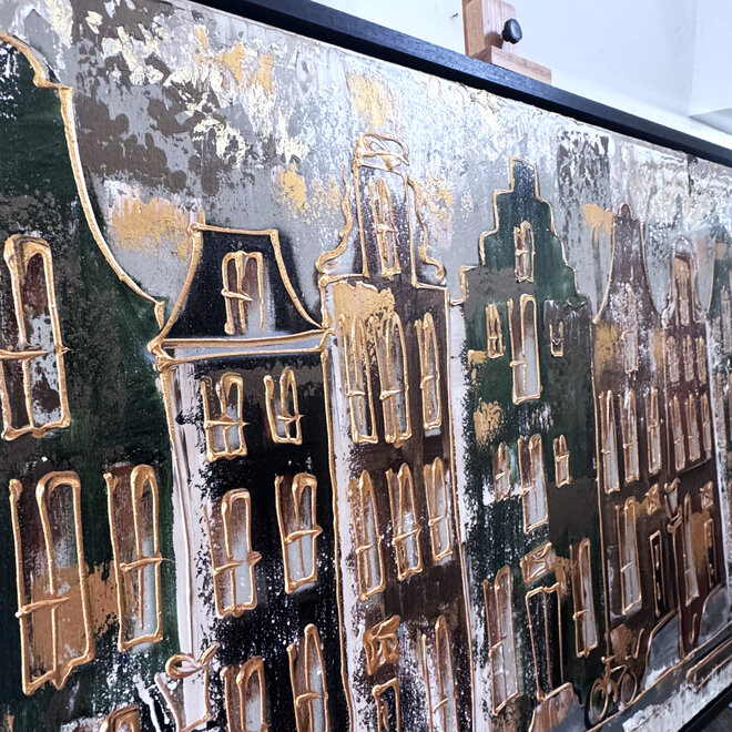 Schilderij- 100x150cm - Rick Triest - Amsterdam LUXURY style - grachten gevels in omber & Gold #21