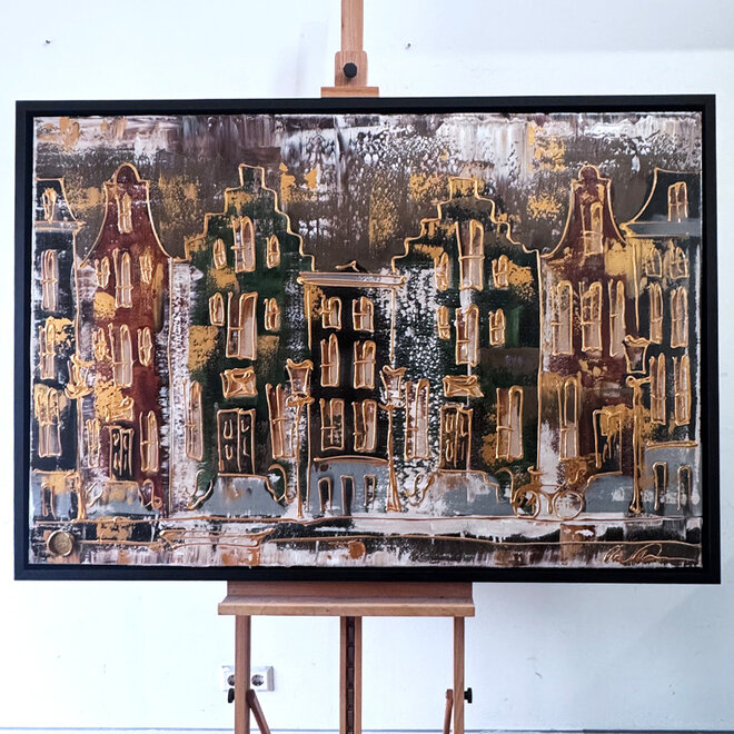 Painting- 100x150cm - Amsterdam LUXURY style - grachten gevels in omber & Gold #20