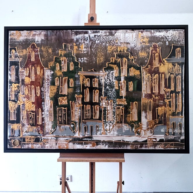 Schilderij- 100x150cm - Rick Triest - Amsterdam LUXURY style - grachten gevels in omber & Gold #20