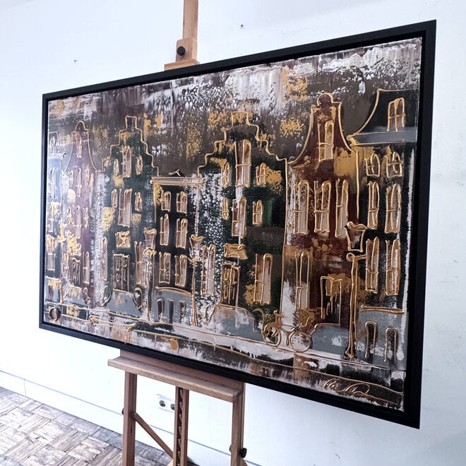 Schilderij- 100x150cm - Rick Triest - Amsterdam LUXURY style - grachten gevels in omber & Gold #20