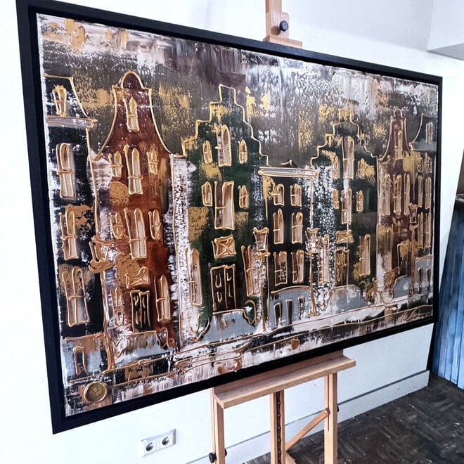 Painting- 100x150cm - Rick Triest - Amsterdam LUXURY style - grachten gevels in omber & Gold #20