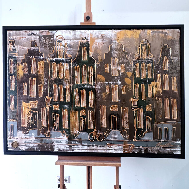 Schilderij- 100x150cm - Amsterdam LUXURY style - grachten gevels in omber & Gold #18