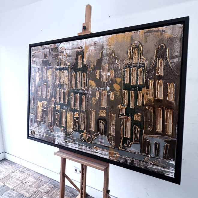 Painting- 100x150cm - Rick Triest - Amsterdam LUXURY style - grachten gevels in omber & Gold #18