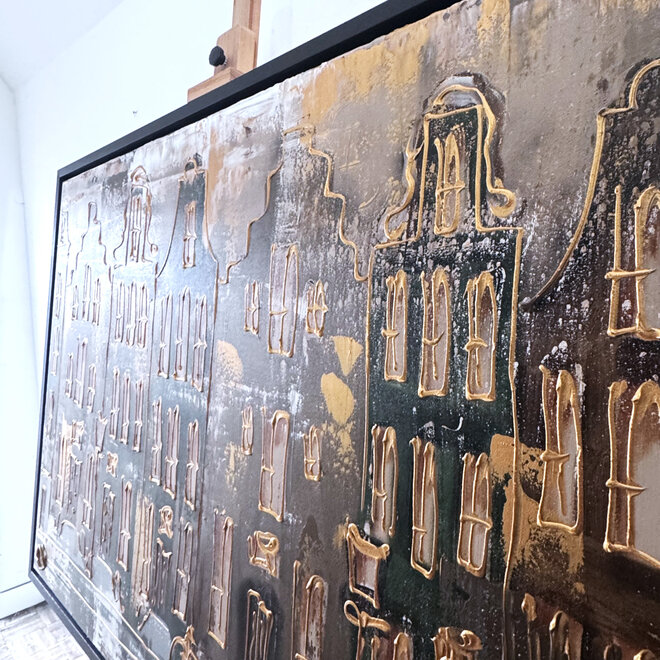 Painting- 100x150cm - Rick Triest - Amsterdam LUXURY style - grachten gevels in omber & Gold #18