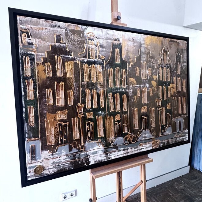 Schilderij- 100x150cm - Rick Triest - Amsterdam LUXURY style - grachten gevels in omber & Gold #18