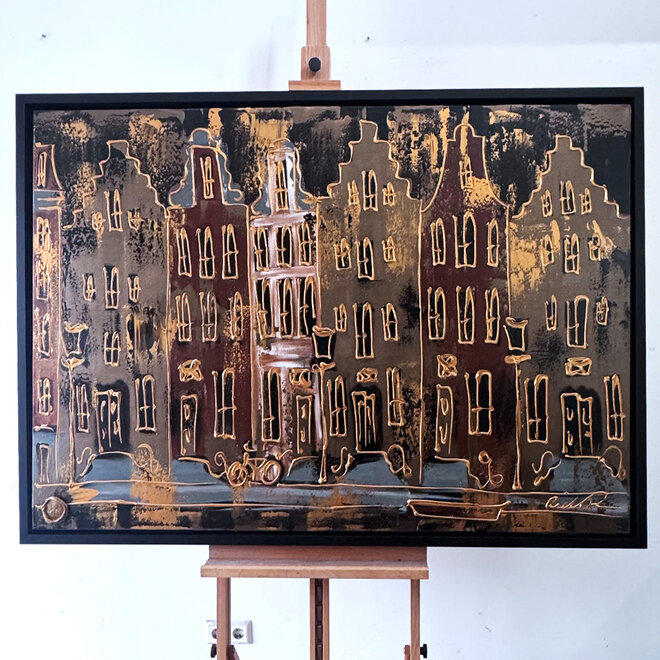Painting- 100x150cm - Rick Triest - Amsterdam LUXURY style - grachten gevels in omber & Gold #17