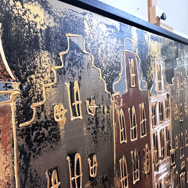 Painting- 100x150cm - Rick Triest - Amsterdam LUXURY style - grachten gevels in omber & Gold #17