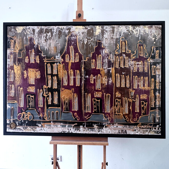 Painting- 100x150cm - Amsterdam LUXURY style - grachten gevels in omber & Gold #16