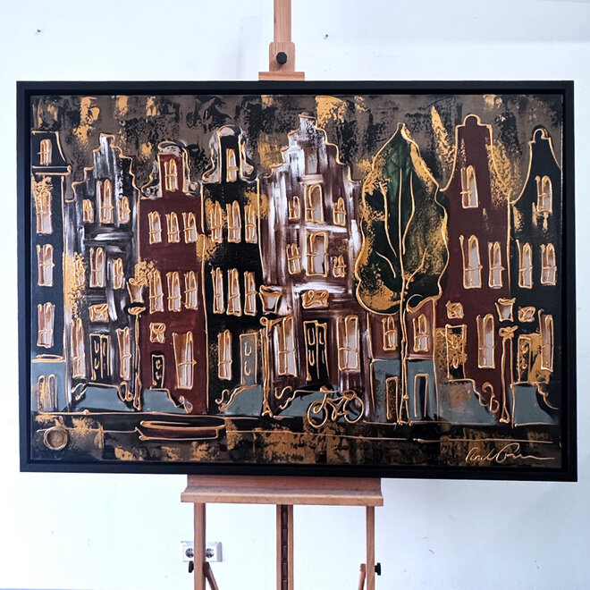 Schilderij- 100x150cm - Amsterdam LUXURY style - grachten gevels in omber & Gold #15