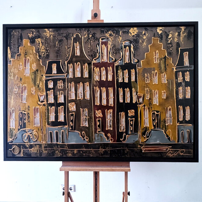 Schilderij- 100x150cm - Rick Triest - Amsterdam LUXURY style - grachten gevels in omber & Gold #14