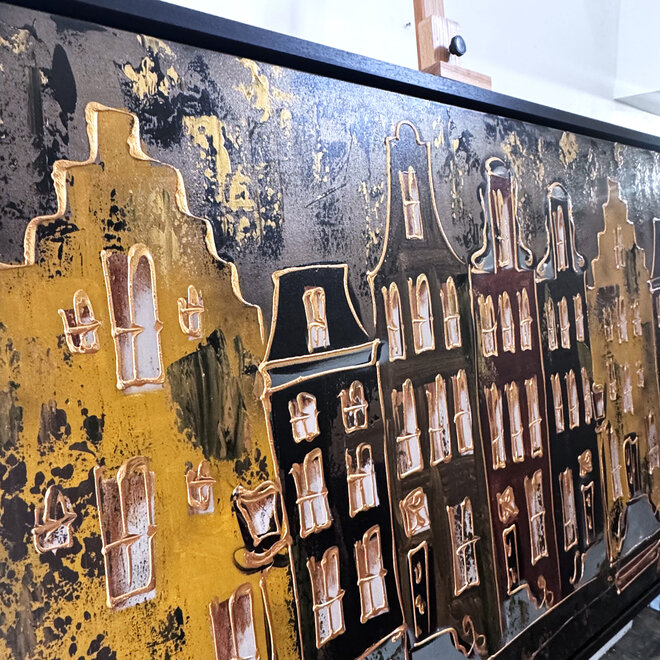 Schilderij- 100x150cm - Rick Triest - Amsterdam LUXURY style - grachten gevels in omber & Gold #14