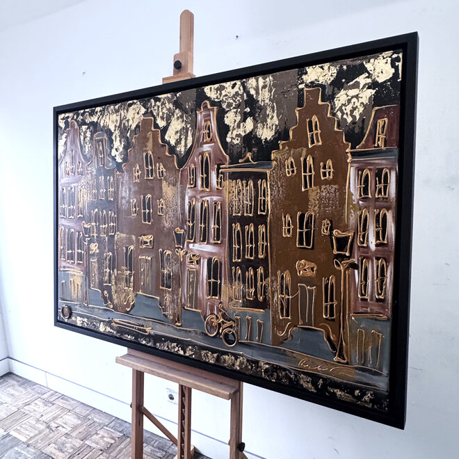 Schilderij- 100x150cm - Rick Triest - Amsterdam LUXURY style - grachten gevels in omber & Gold #12