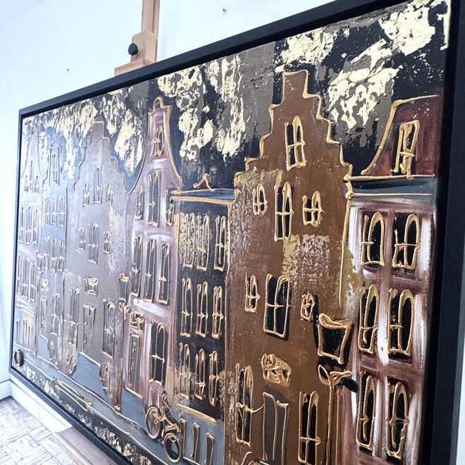 Schilderij- 100x150cm - Rick Triest - Amsterdam LUXURY style - grachten gevels in omber & Gold #12