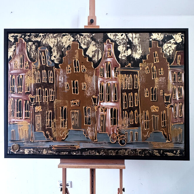 Schilderij- 100x150cm - Rick Triest - Amsterdam LUXURY style - grachten gevels in omber & Gold #12
