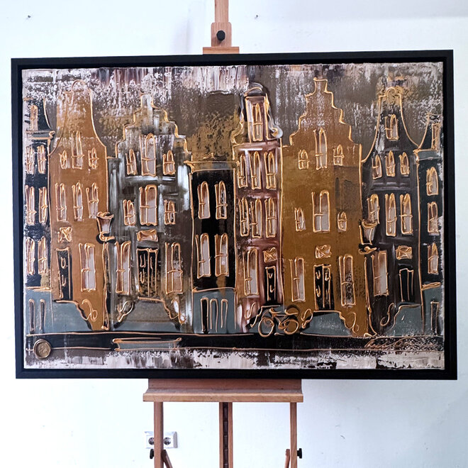Schilderij- 100x150cm - Rick Triest - Amsterdam LUXURY style - grachten gevels in omber & Gold #11