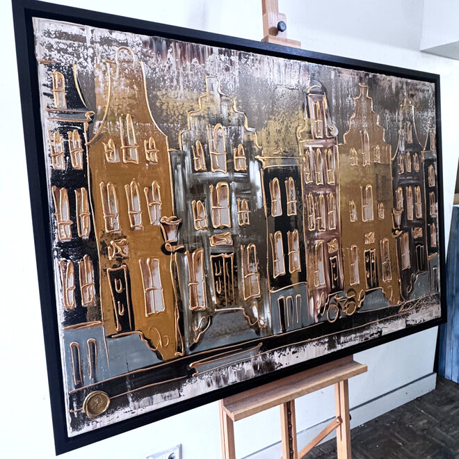 Schilderij- 100x150cm - Rick Triest - Amsterdam LUXURY style - grachten gevels in omber & Gold #11