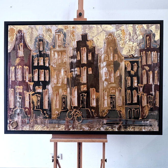 Schilderij- 100x150cm - Amsterdam LUXURY style - grachten gevels in omber & Gold #27