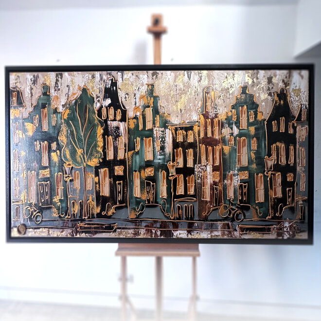 Schilderij- 100x200cm - Amsterdam LUXURY style - grachten gevels in omber & Gold #12