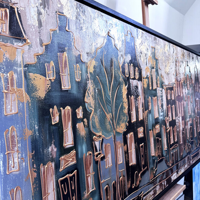 Painting-  100x200cm - Amsterdam LUXURY style - grachten gevels in omber & Gold #12