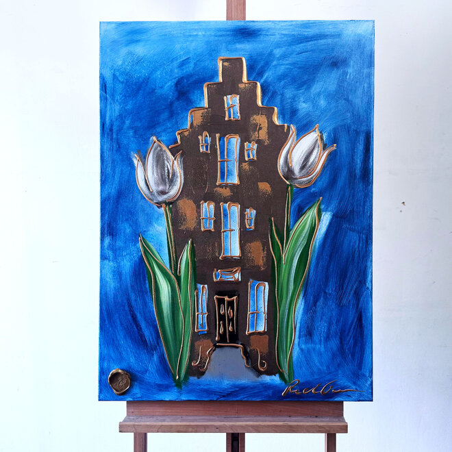 Painting -70x100 cm - Tulpenmanie - Amsterdams huisje met tulpen - Bronze