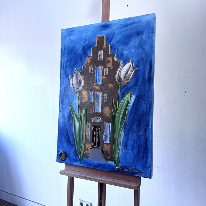 Painting  - 70x100 cm - Rick Triest  - Amsterdams huisje met tulpen -Bronze