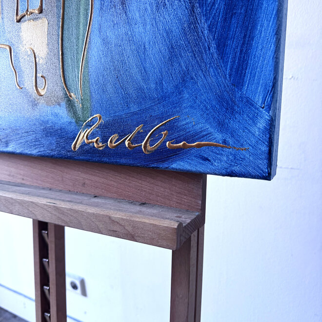 Schilderij - 70x100 cm - Rick Triest  - Amsterdams huisje met tulpen - Bronze