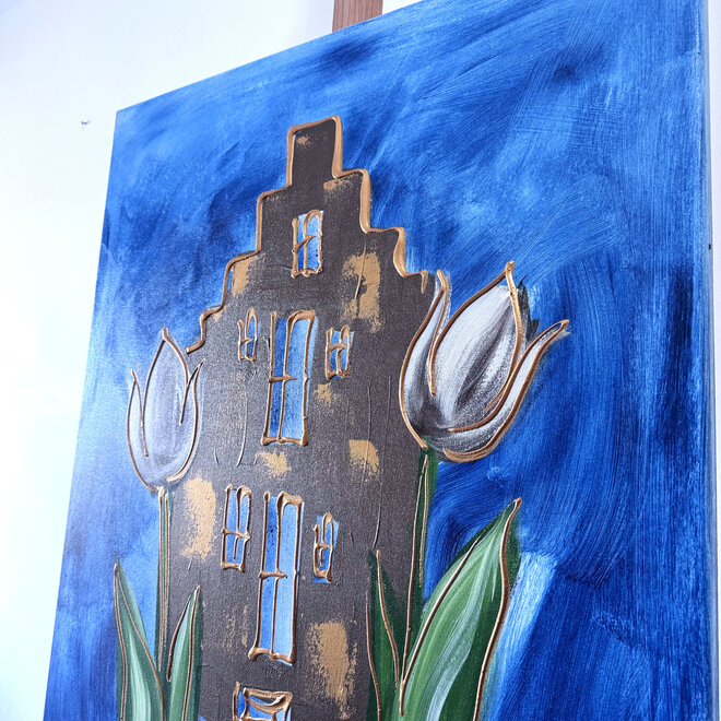 Painting  - 70x100 cm - Rick Triest  - Amsterdams huisje met tulpen -Bronze
