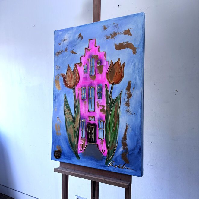 Painting  - 70x100 cm - Rick Triest  - Amsterdams huisje met tulpen -pink