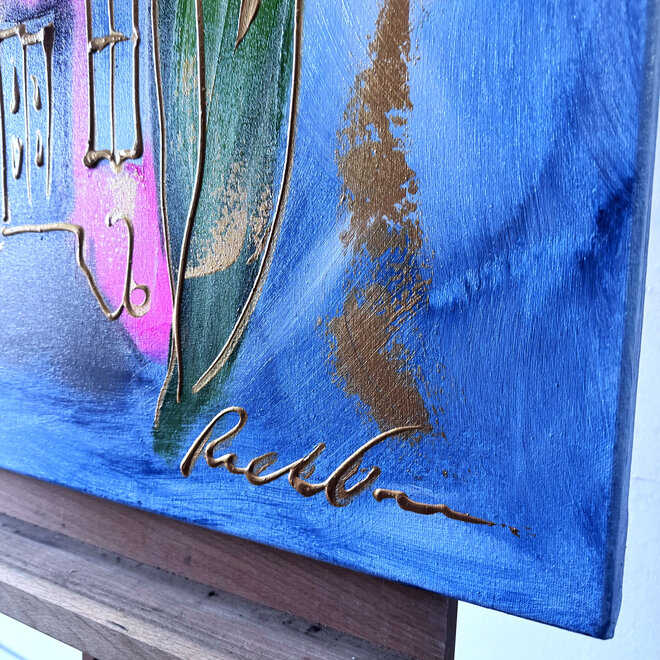 Schilderij - 70x100 cm - Rick Triest  - Amsterdams huisje met tulpen - pink