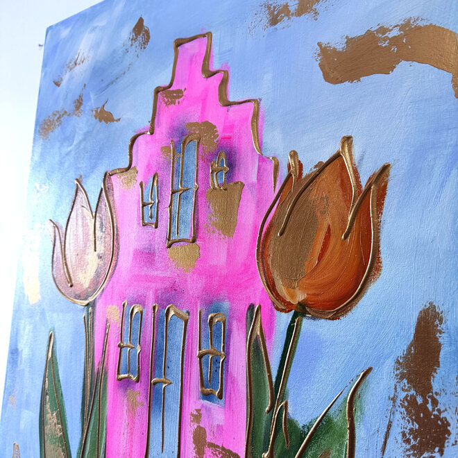 Schilderij - 70x100 cm - Rick Triest  - Amsterdams huisje met tulpen - pink