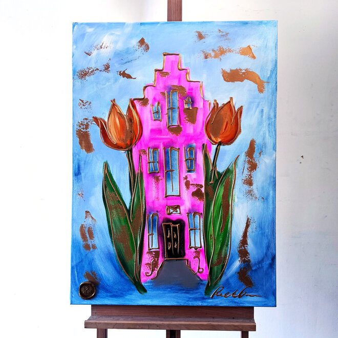 Schilderij - 70x100 cm - Rick Triest  - Amsterdams huisje met tulpen - pink