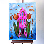 Schilderij - 70x100 cm - Rick Triest  - Amsterdams huisje met tulpen - pink