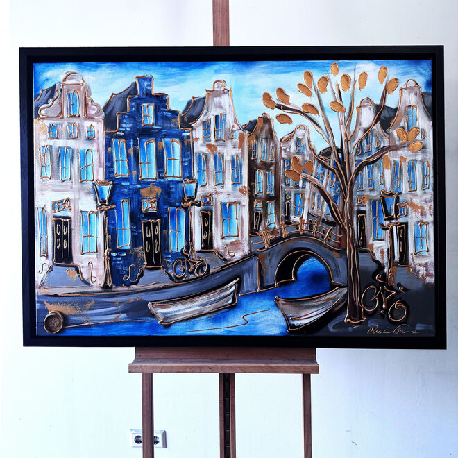 Painting- 80x120x4,5 cm - Amsterdam Herengracht - Blue & Gold #130
