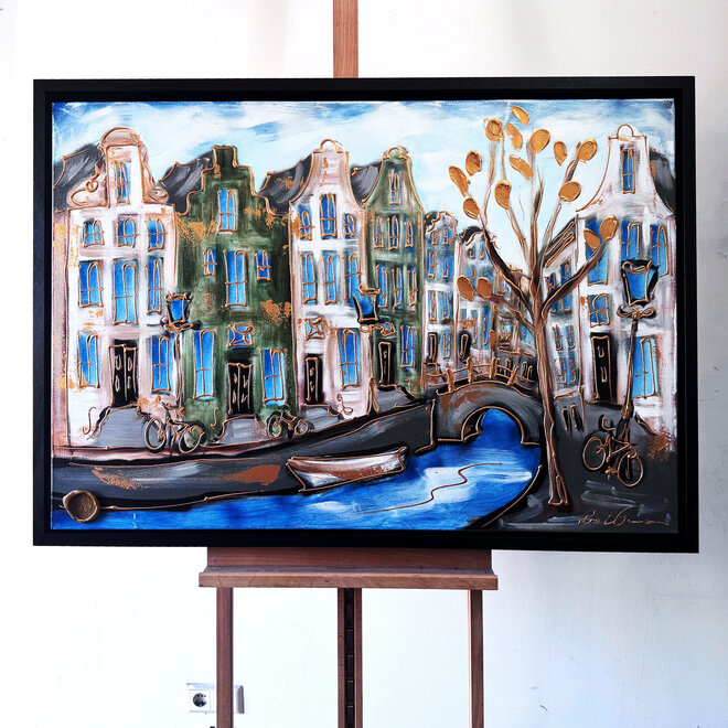 Schilderij- 80x120x4,5 cm - Amsterdam Herengracht - Blue & Gold #129