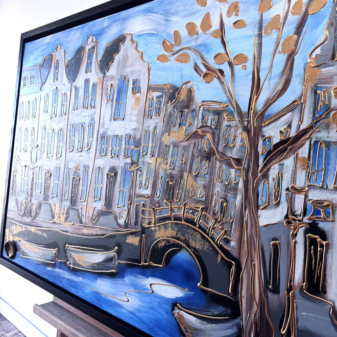 Schilderij- 80x120x4,5 cm - Rick Triest - Amsterdam Herengracht - Blue & Gold #128