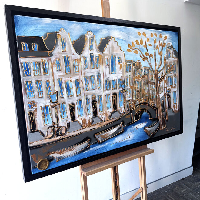 Schilderij- 80x120x4,5 cm - Rick Triest - Amsterdam Herengracht - Blue & Gold #128