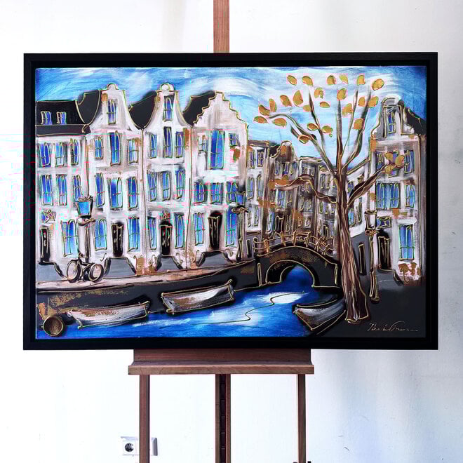 Painting- 80x120x4,5 cm - Amsterdam Herengracht - Blue & Gold #128